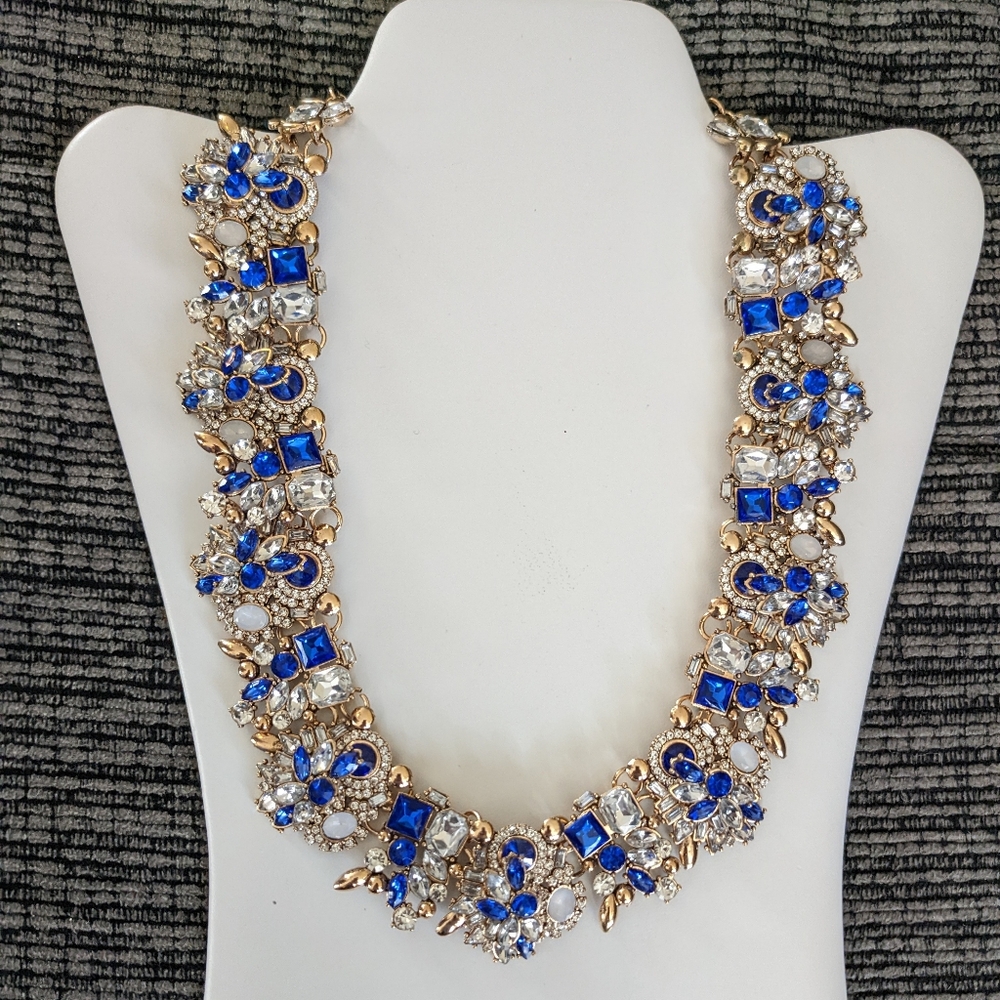 Gold Tone CZ Crystal Statement Necklace Blue Clear Rhinestone Collar